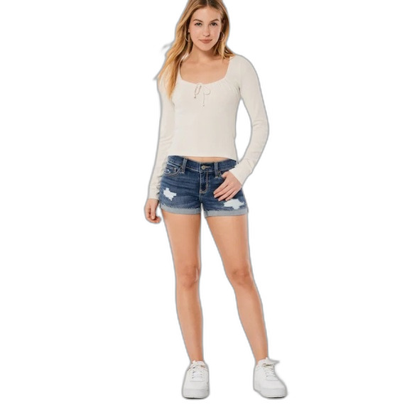 Hollister Medium Wash Distressed Ripped Low Rise Cuffed Midi Shorts Size 5/27 - Picture 1 of 14